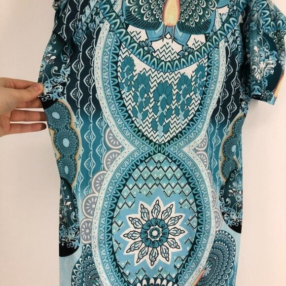 NWT teal blue cold  shoulder peacock print dress small - Picture 6 of 16